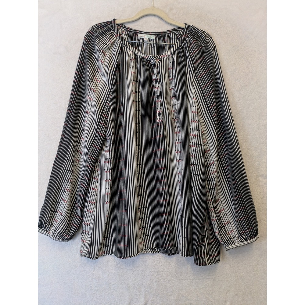 Sweet Salt Womens XXL Blouse Black‎ White Striped Long Sleeve Button Neck Tunic
